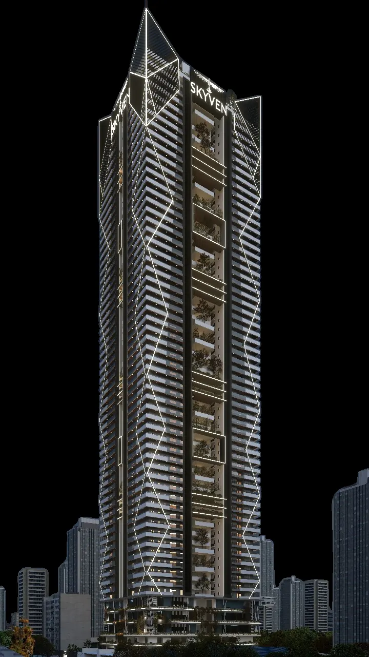 Skyven 63-floor tower elevation in Kokapet at night, artist's impression